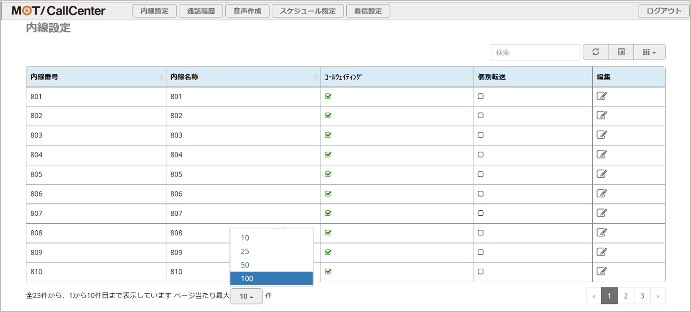 コールセンターシステムPBX設定画面